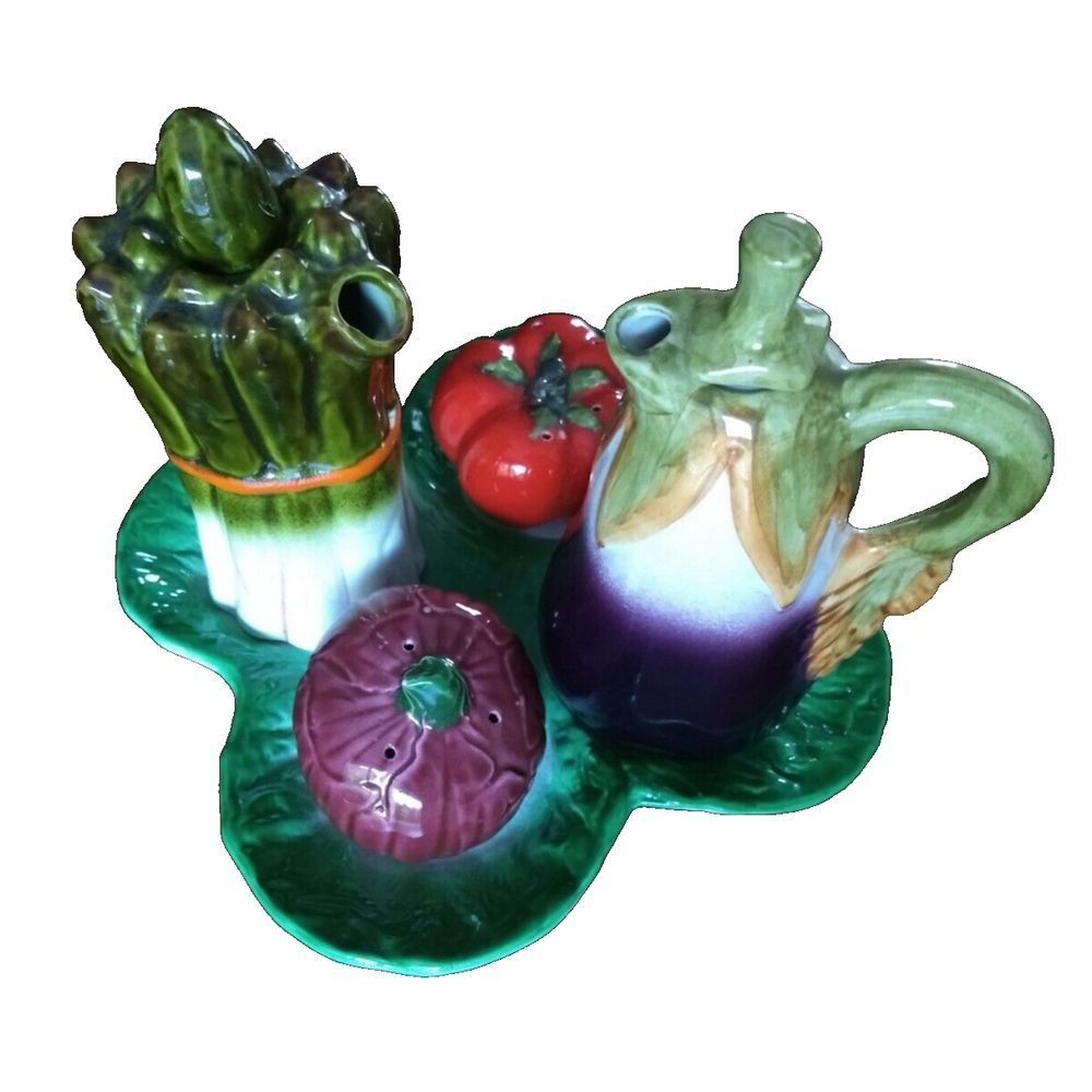 Italian Majolica Vegetable Cruet Set Trifles Oil Vinegar Salt Pepper Tray Rare